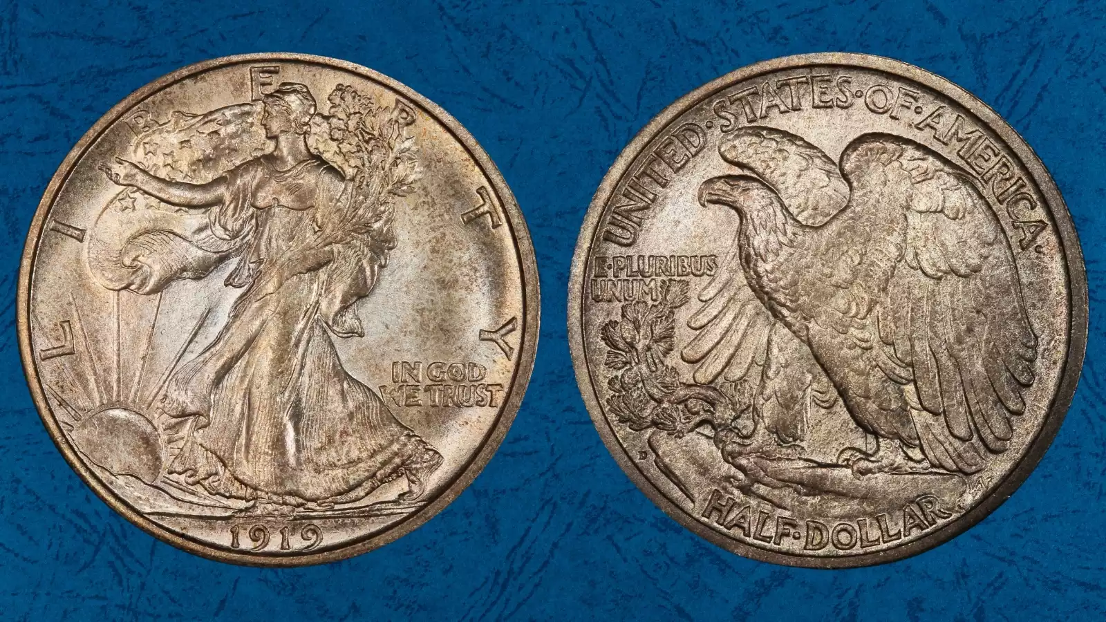Side-by-side comparison of 1919-D Walking Liberty half dollar: typical weak strike (left) versus sharply struck premium example (right)