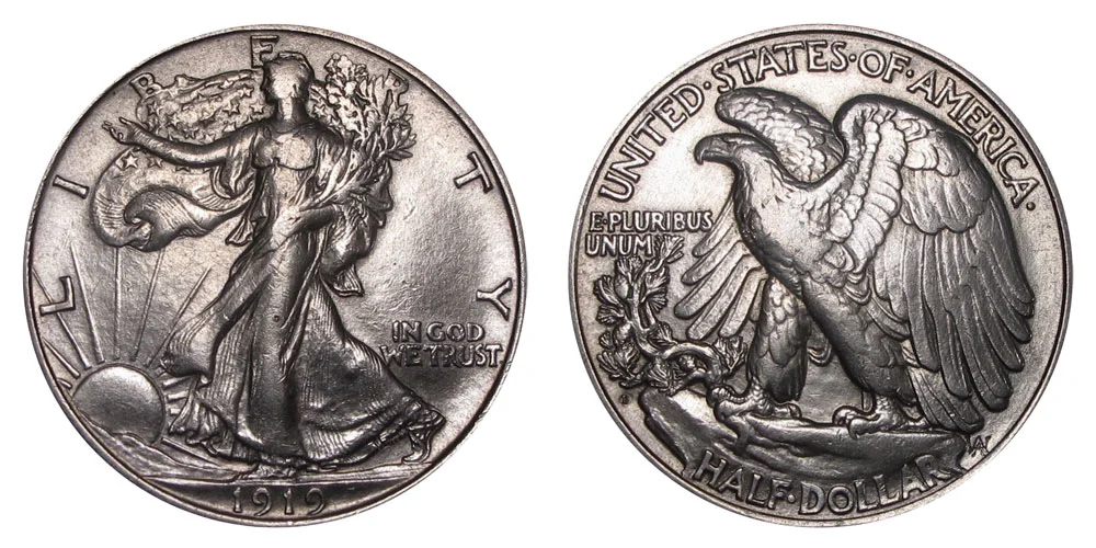 1919-D Walking Liberty half dollar showing typical weak Denver Mint strike on Liberty's hand and head