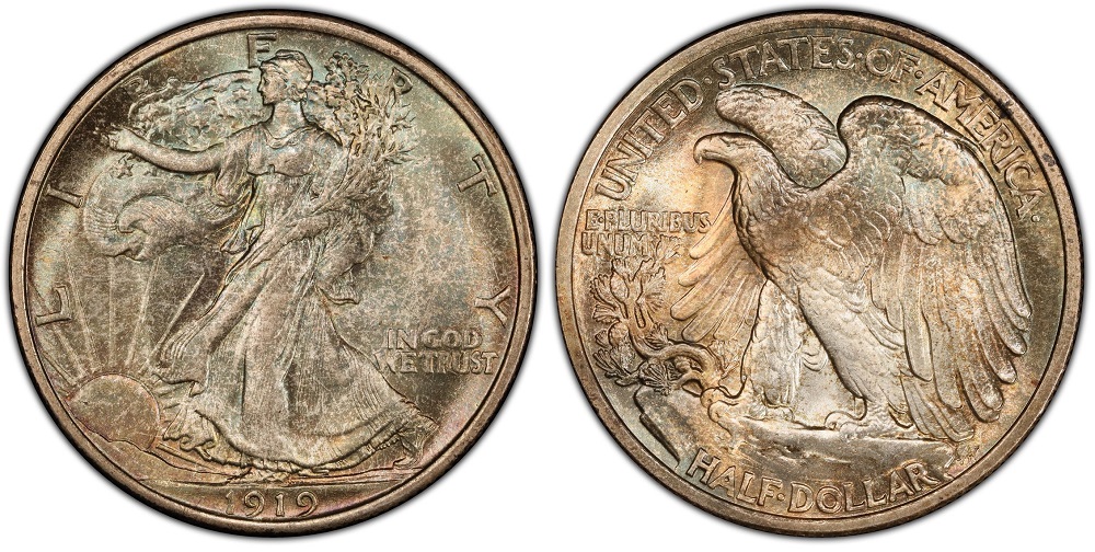 1919 Philadelphia Walking Liberty half dollar showing characteristically sharp strike quality on Liberty's head and hand details