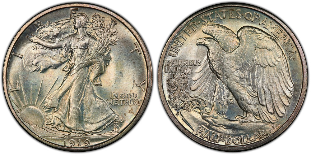 1919-S Walking Liberty half dollar reverse showing S mint mark at lower left rim near the olive branch
