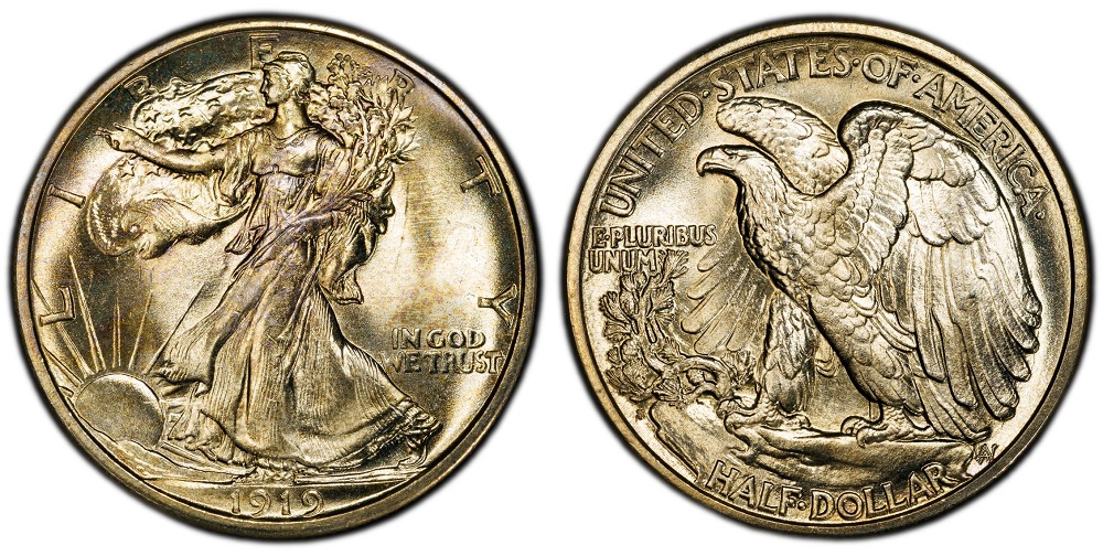 1919 Walking Liberty half dollar grading strip showing Good, Extremely Fine, About Uncirculated, and Mint State examples side by side